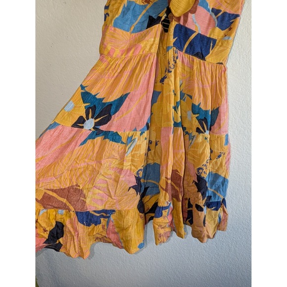 Angie Tropical Floral Twist Front Tiered Mini Dress Yellow Blue Pink Women Large - Picture 7 of 12